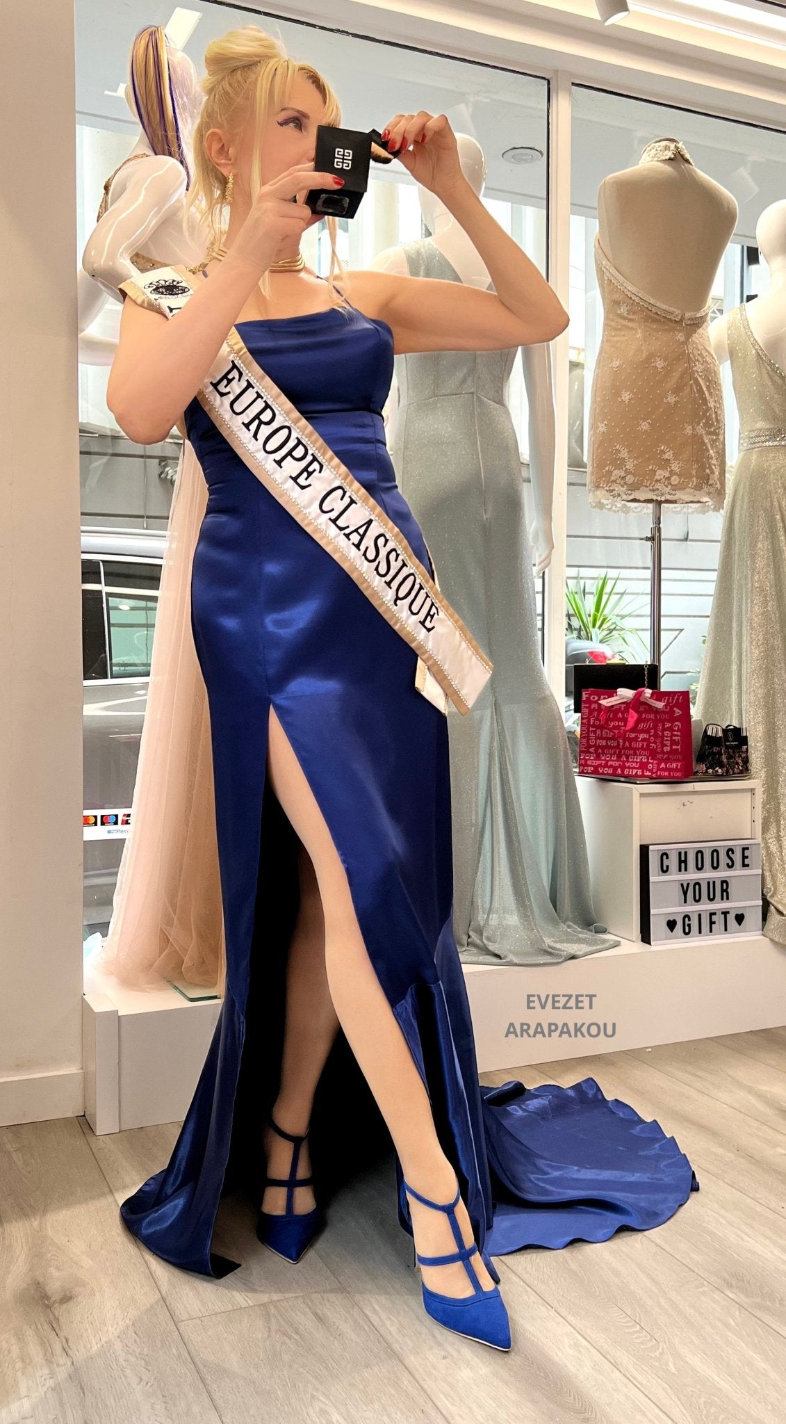 Aline Royal Blue Satin dress with Slit - Planet Store 123