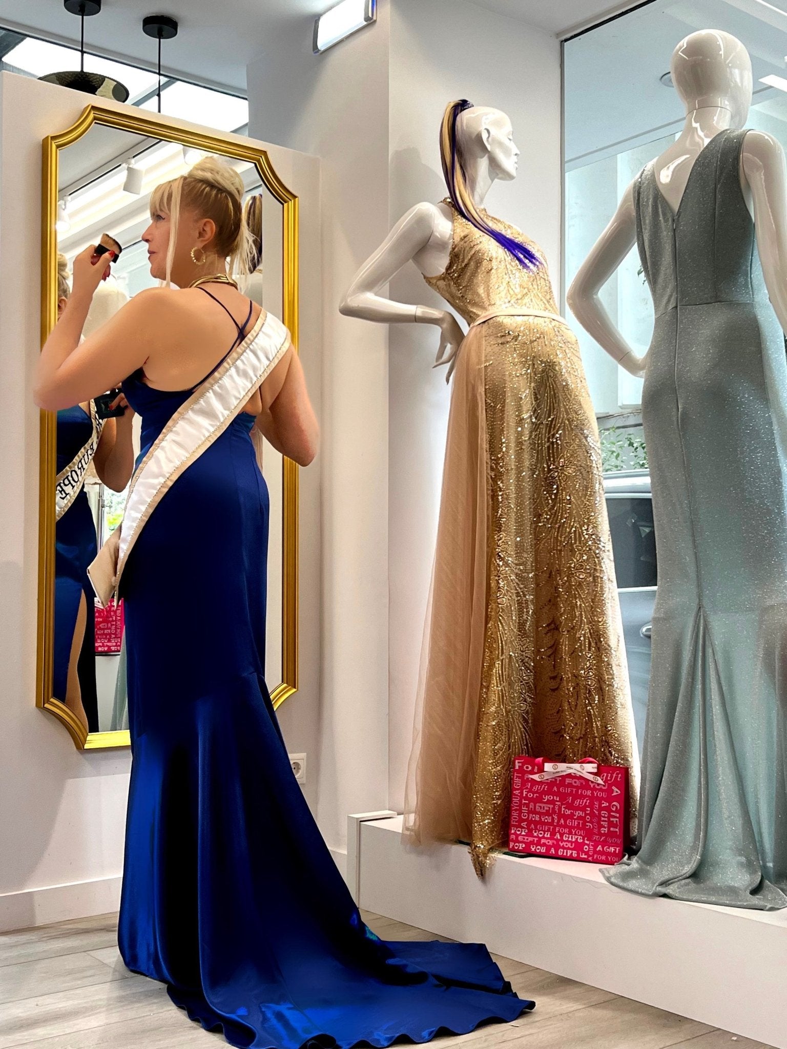 Aline Royal Blue Satin dress with Slit - Planet Store 123