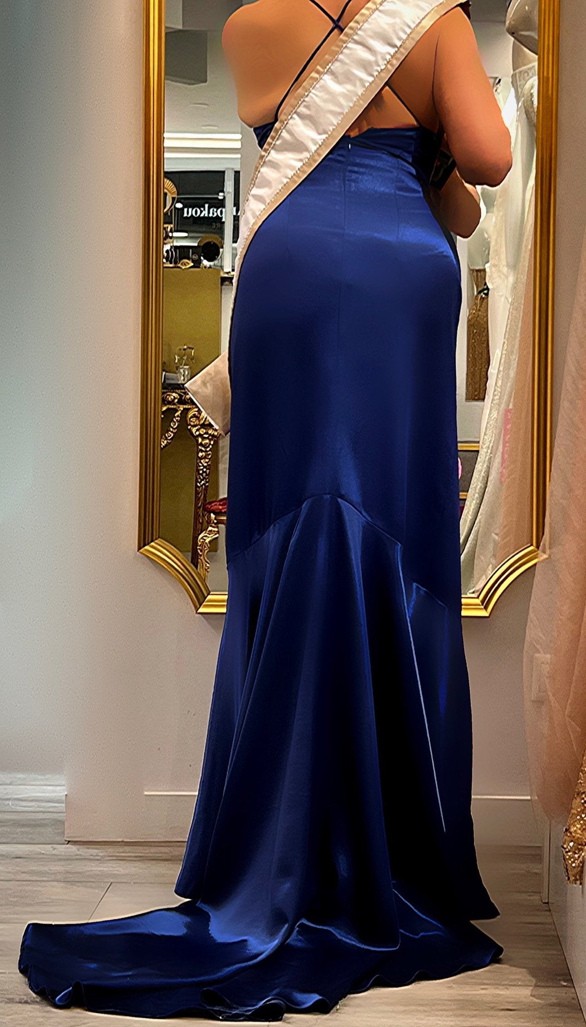 Aline Royal Blue Satin dress with Slit - Planet Store 123