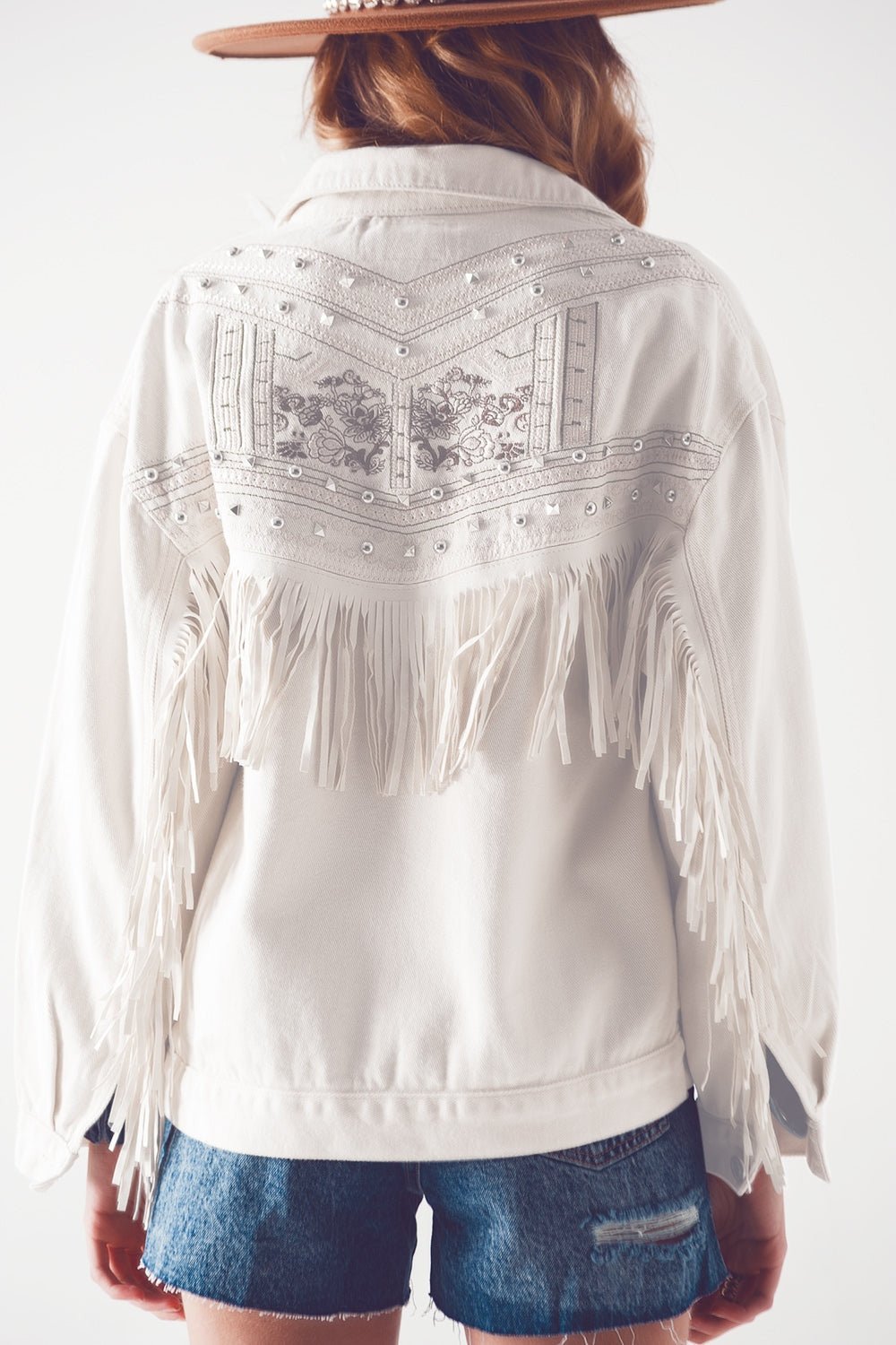 Embellished Fringe Denim Embroidered Jacket in White - Planet Store 123
