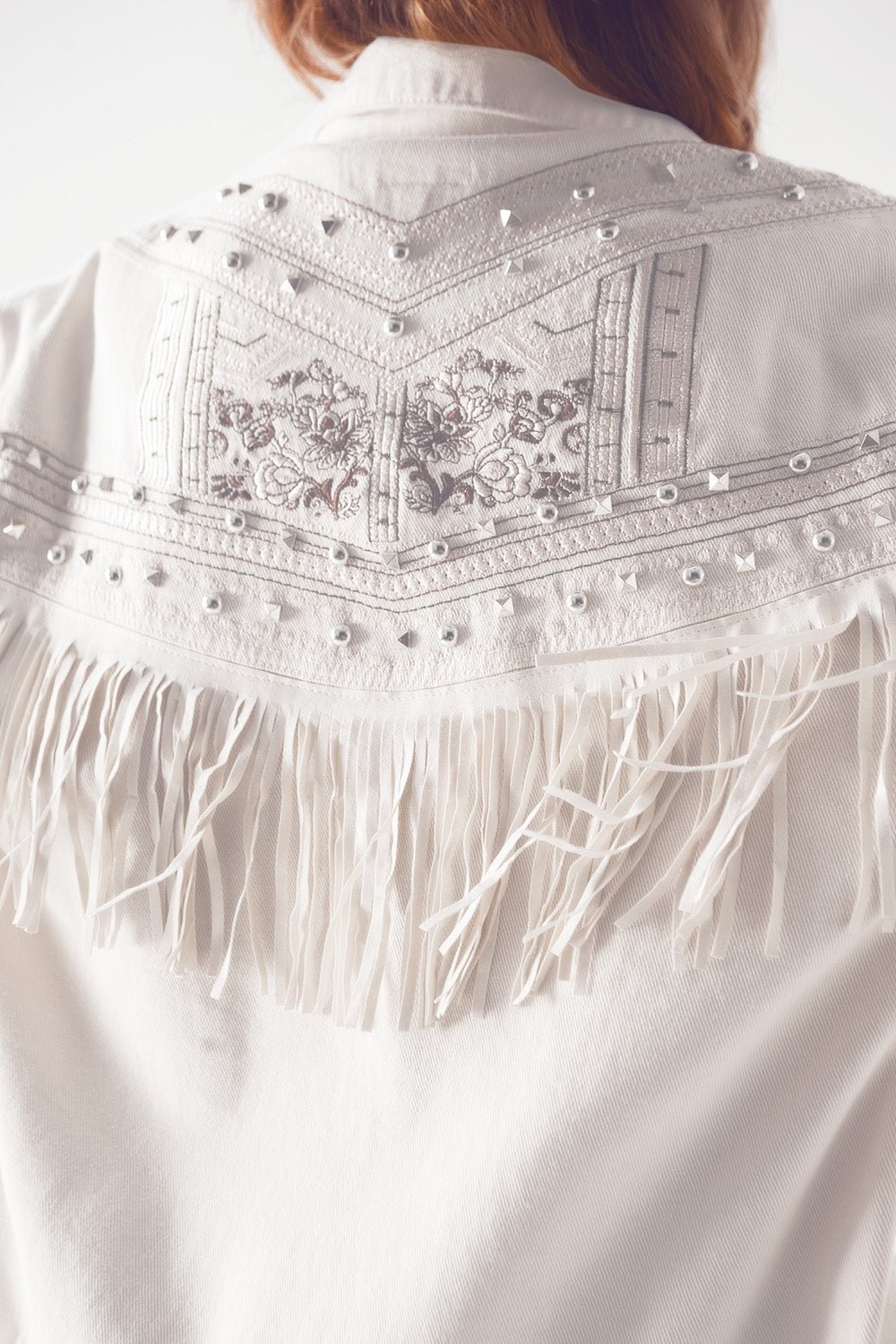 Embellished Fringe Denim Embroidered Jacket in White - Planet Store 123