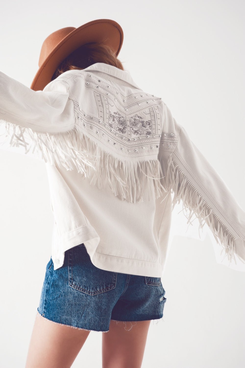 Embellished Fringe Denim Embroidered Jacket in White - Planet Store 123