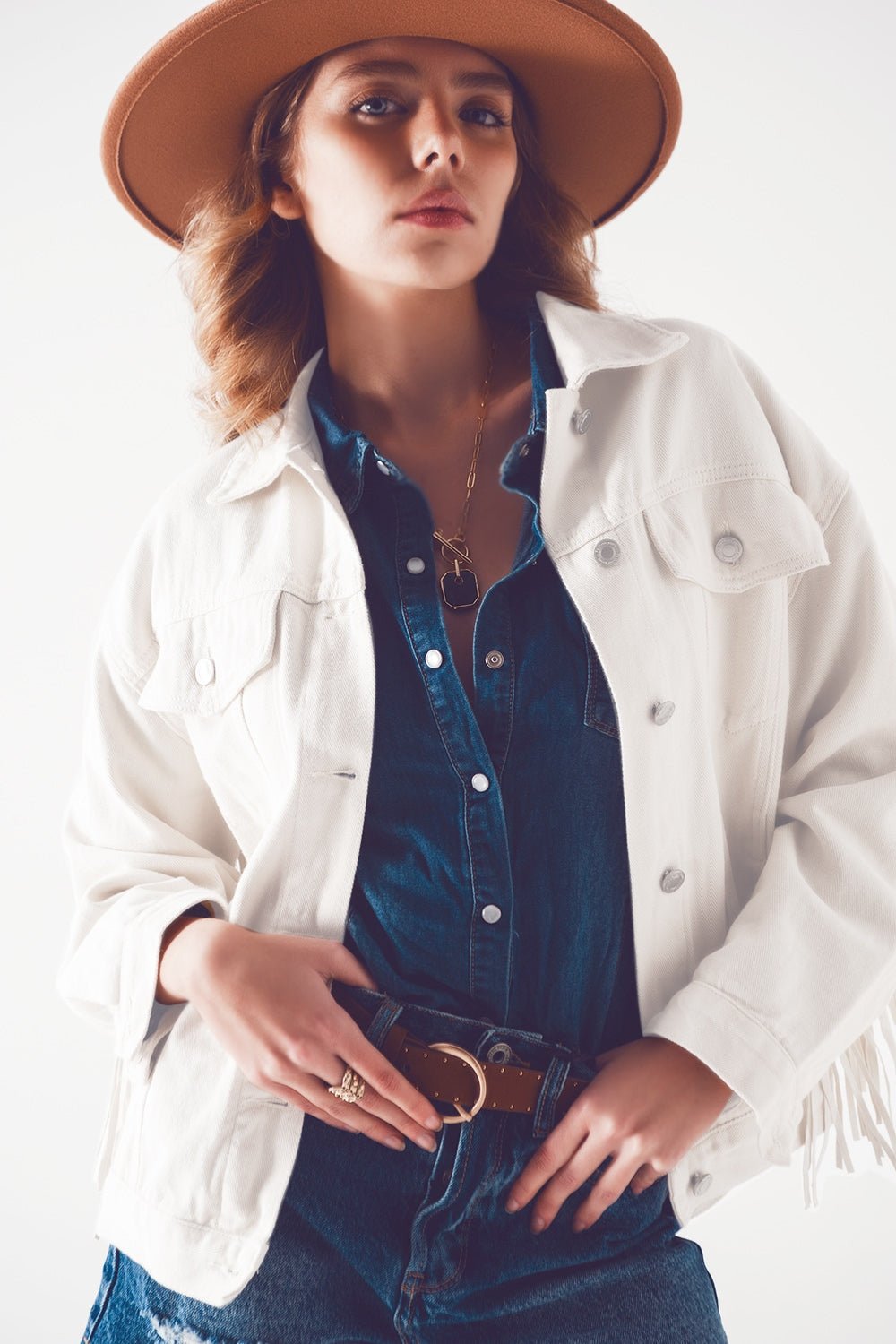 Embellished Fringe Denim Embroidered Jacket in White - Planet Store 123