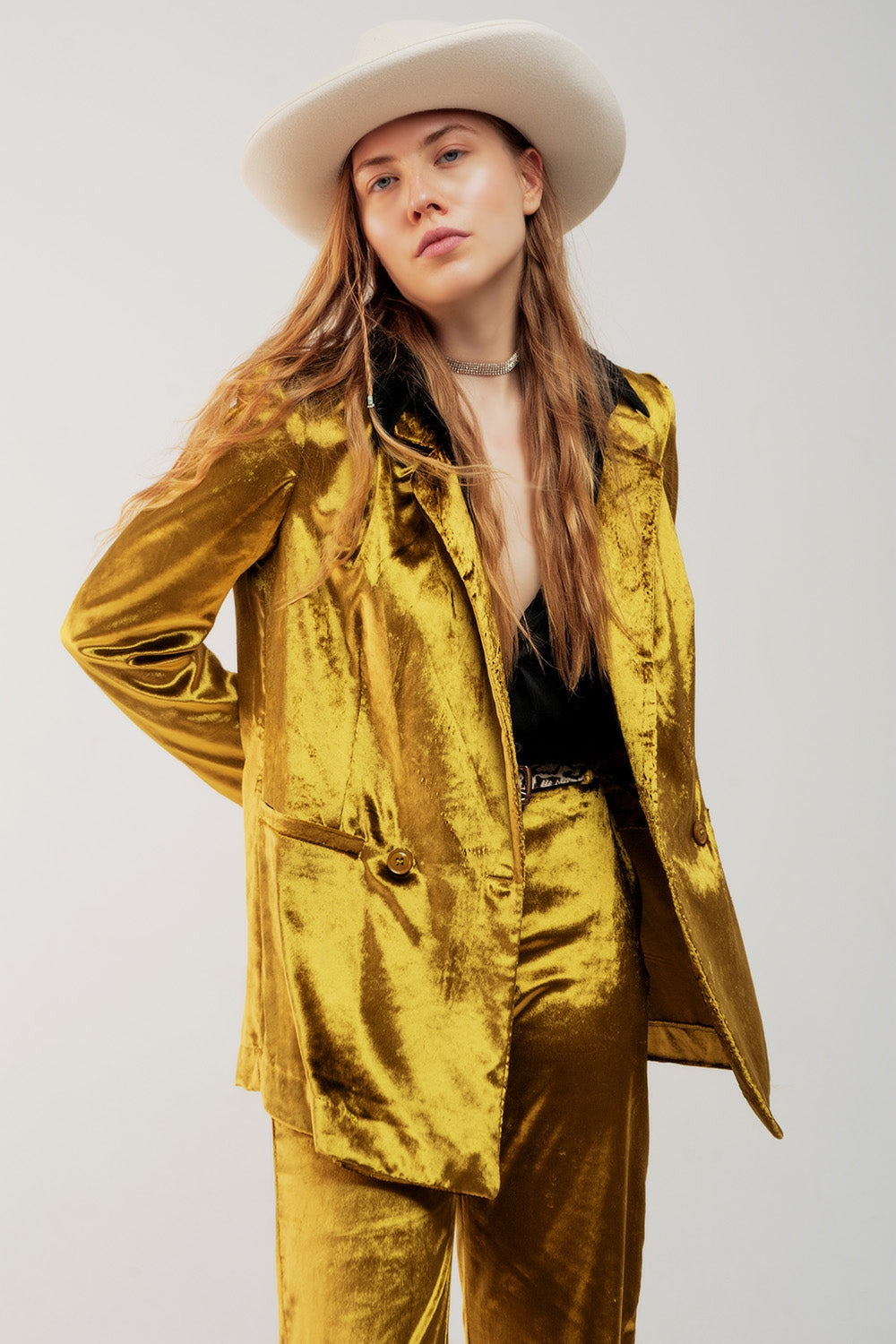 Mustard Velvet Oversized Blazer