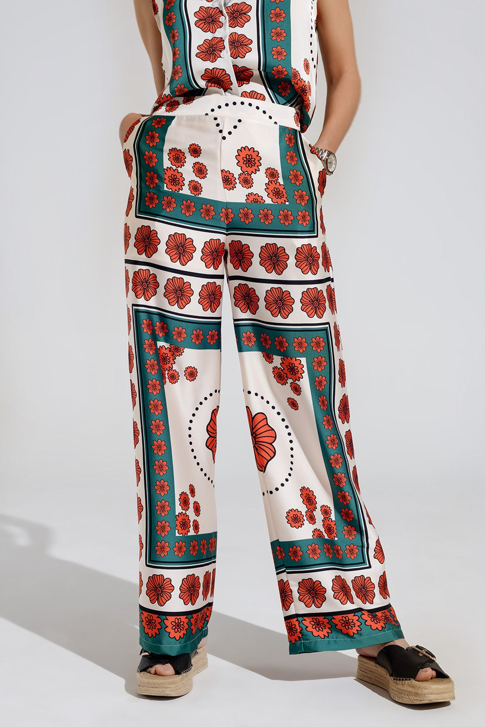 Satin Floral Creme  Flared Pants With Floral Design