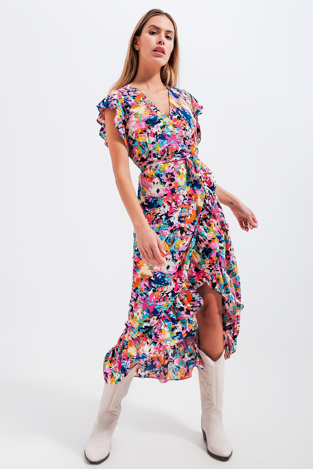 Boho Ruffle Wrap Maxi Dress in Blue Floral