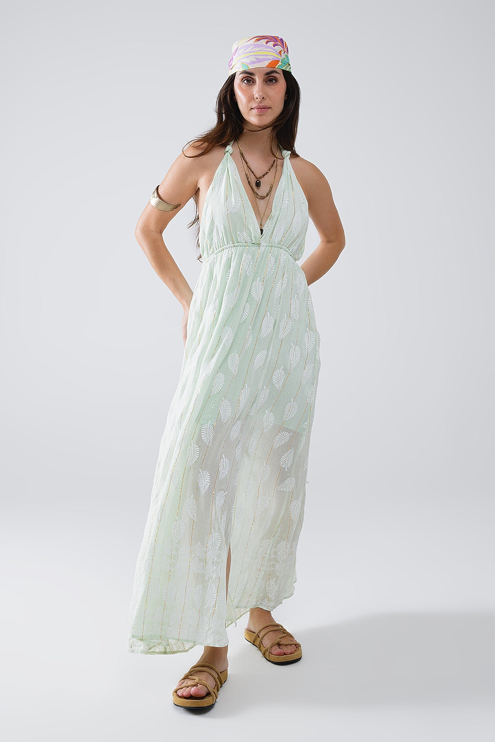 Midi Dress in Mint Leaf Print With Lurex Details