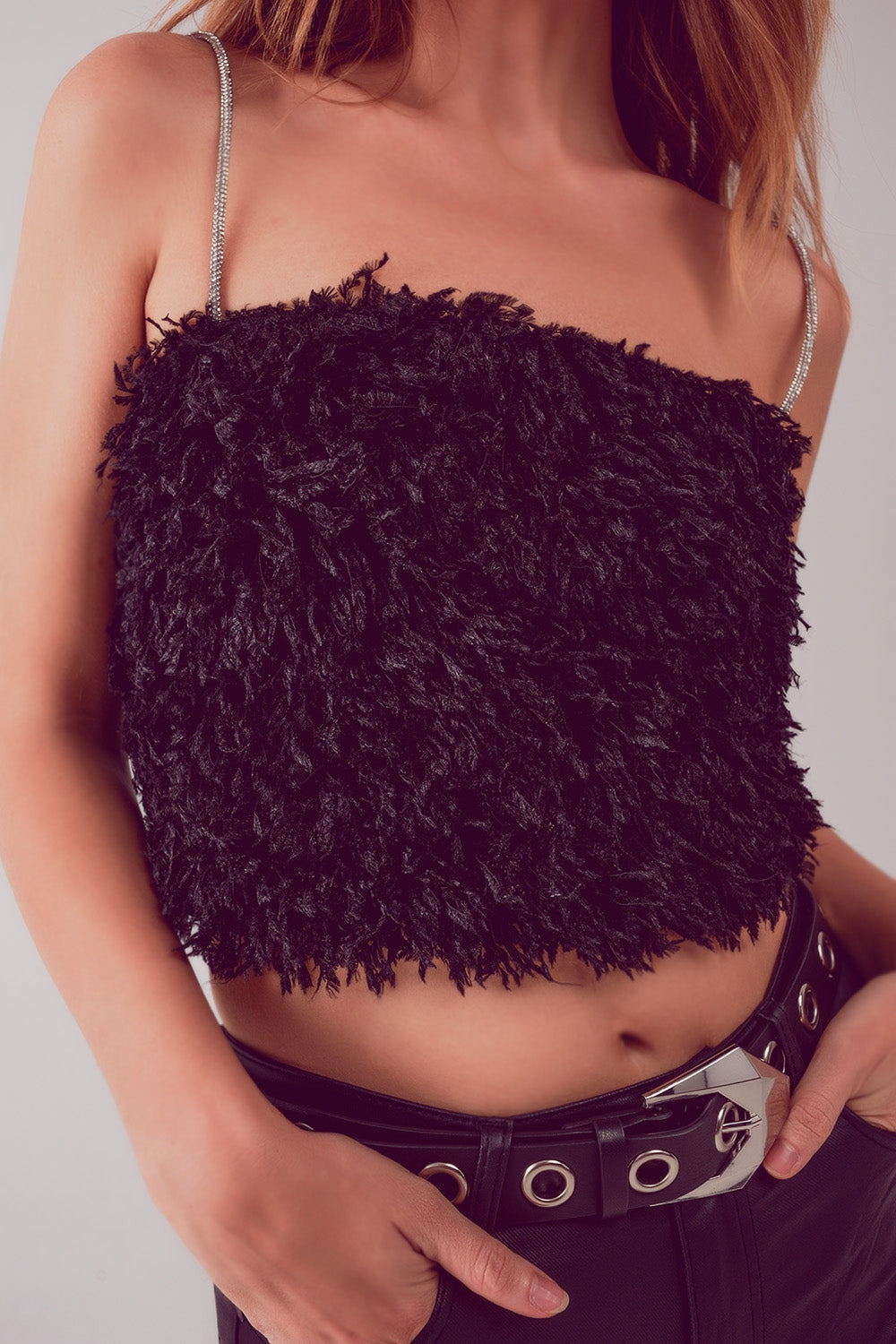 Faux Feather Crop Top Cami in Black