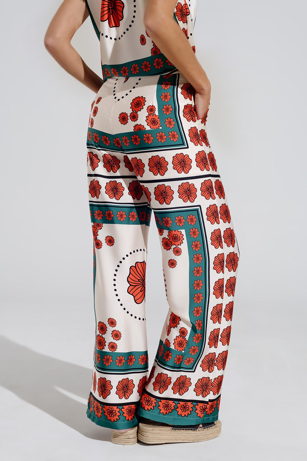 Satin Floral Creme  Flared Pants With Floral Design