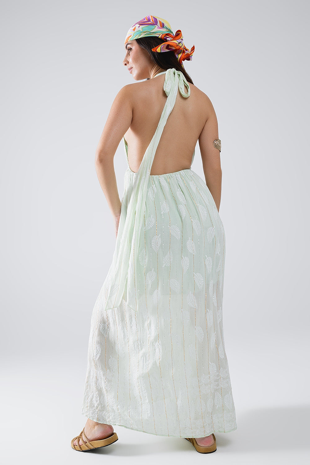 Midi Dress in Mint Leaf Print With Lurex Details