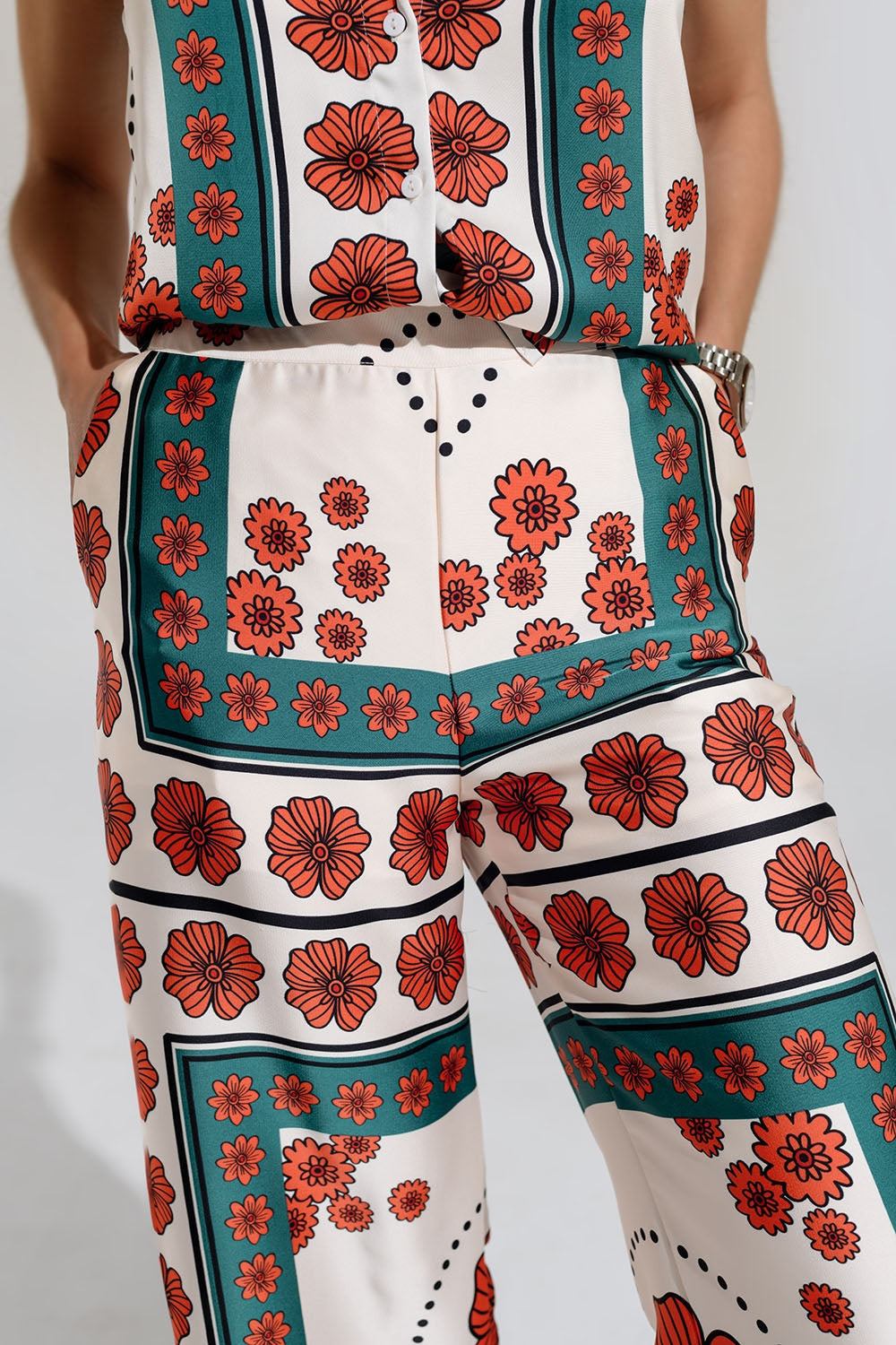 Satin Floral Creme  Flared Pants With Floral Design