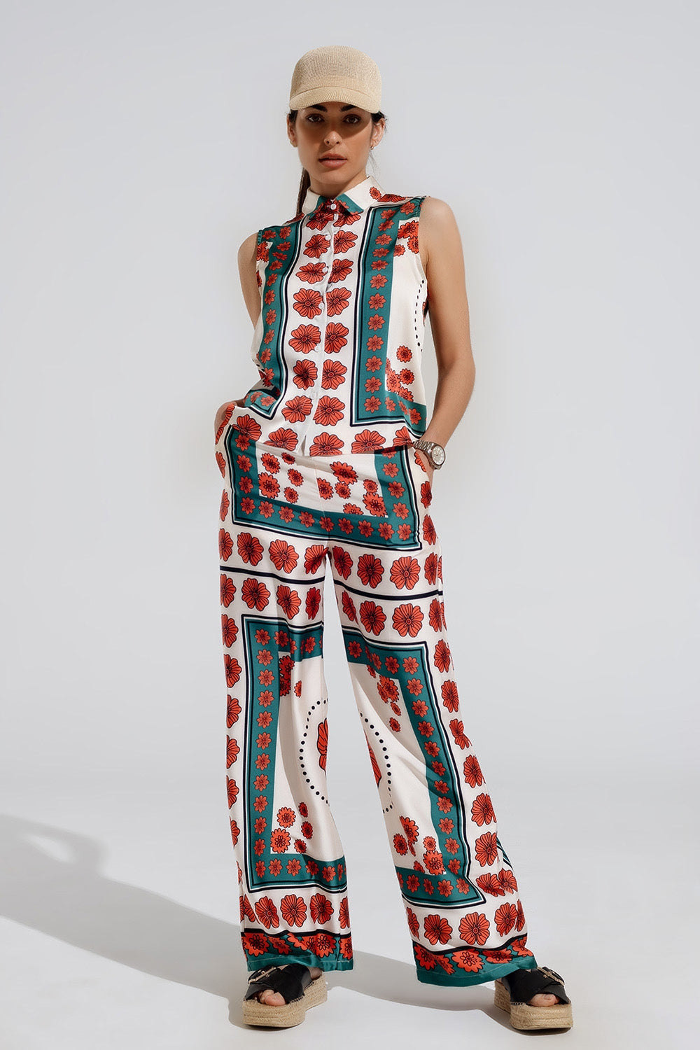 Satin Floral Creme  Flared Pants With Floral Design