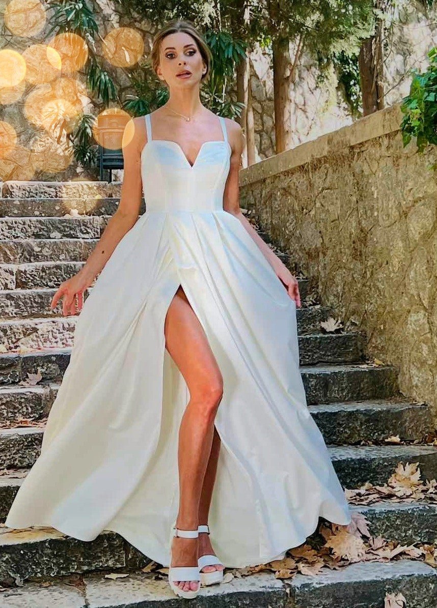 Marquise White Cream Satin Bridal Dress with a Slit - Planet Store 123