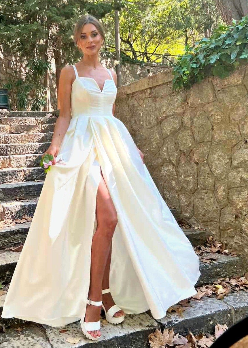 Marquise White Cream Satin Bridal Dress with a Slit - Planet Store 123