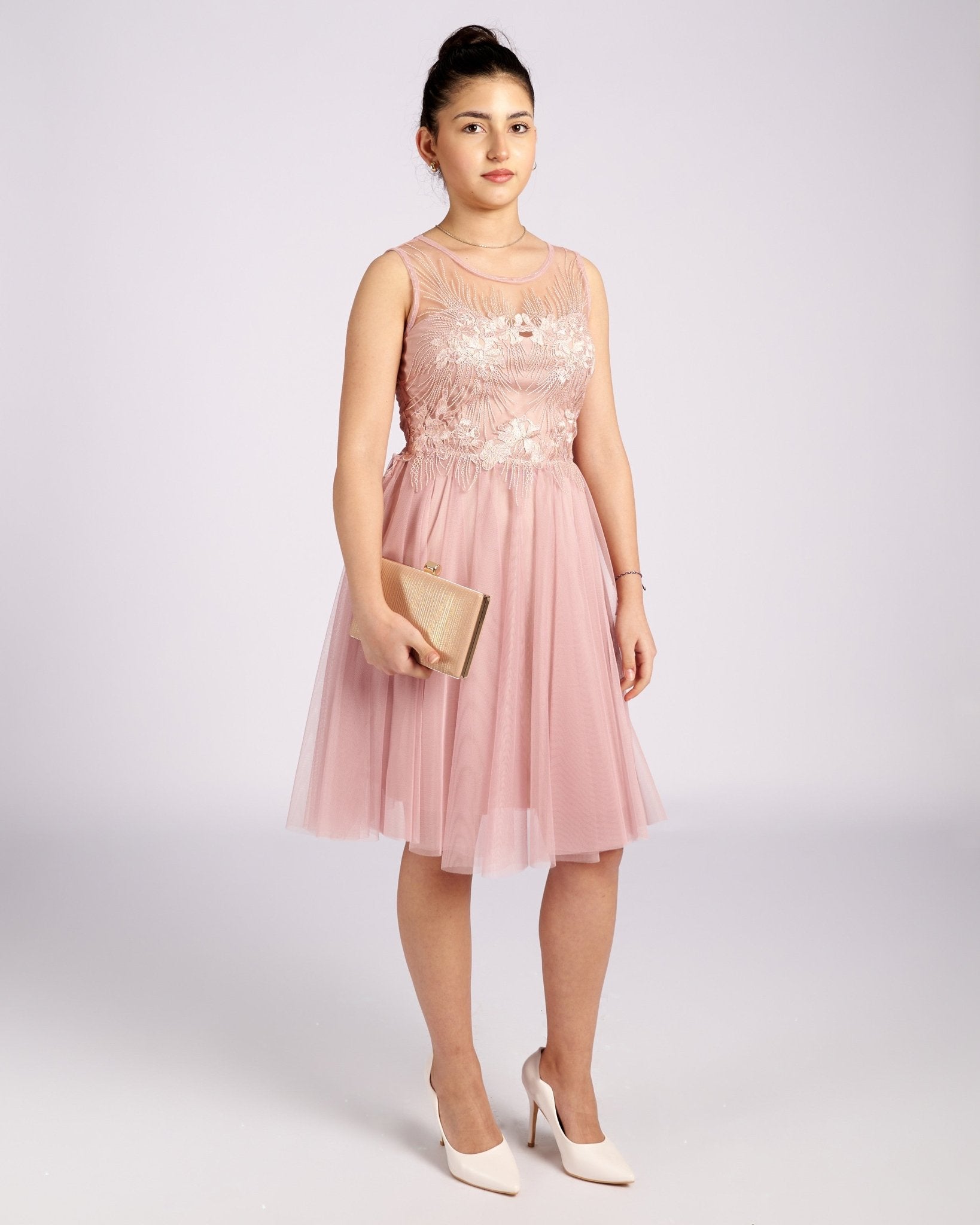 Mia Pink Tulle and Lace knee length Dress " φορέματα βραδινά " - Planet Store 123