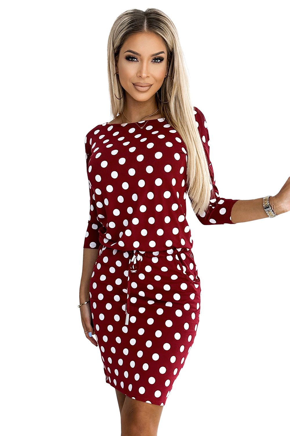 Numoco 13 - 156 Sports dress with binding and pockets - burgundy + polka dots - Planet Store 123