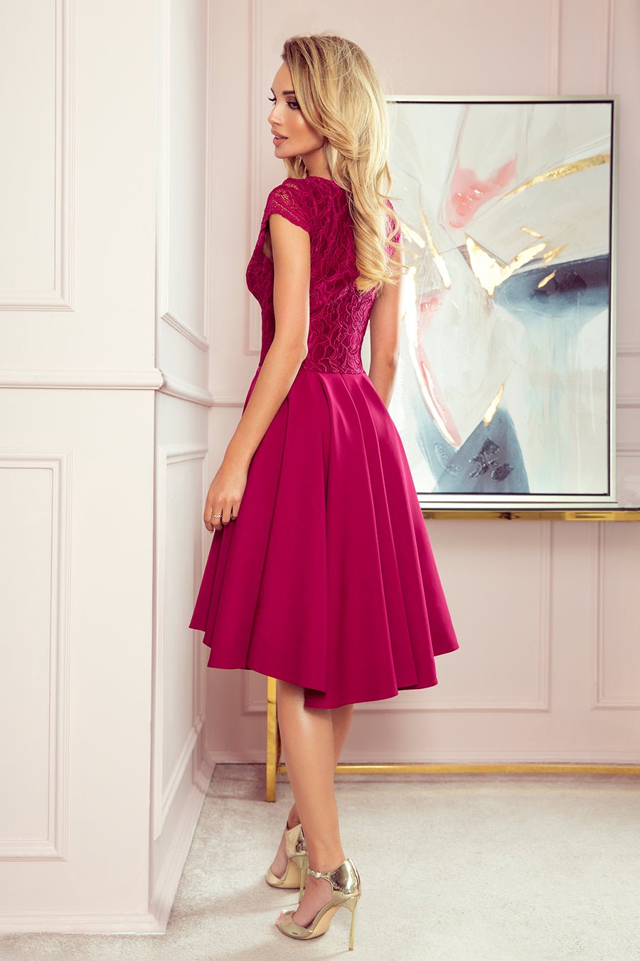 Numoco 300 - 4 PATRICIA - dress with longer back with lace neckline - Burgundy color - Planet Store 123