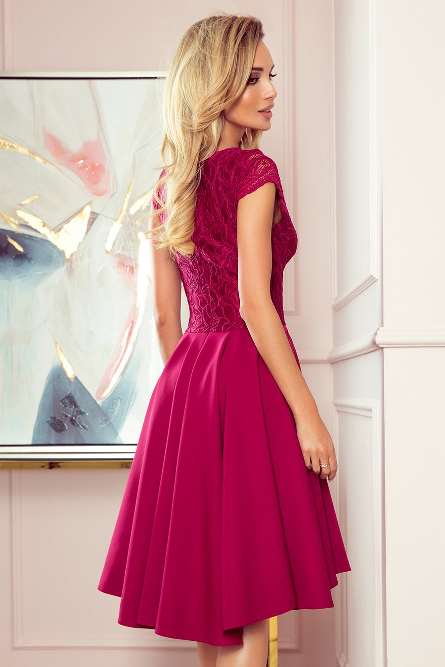 Numoco 300 - 4 PATRICIA - dress with longer back with lace neckline - Burgundy color - Planet Store 123