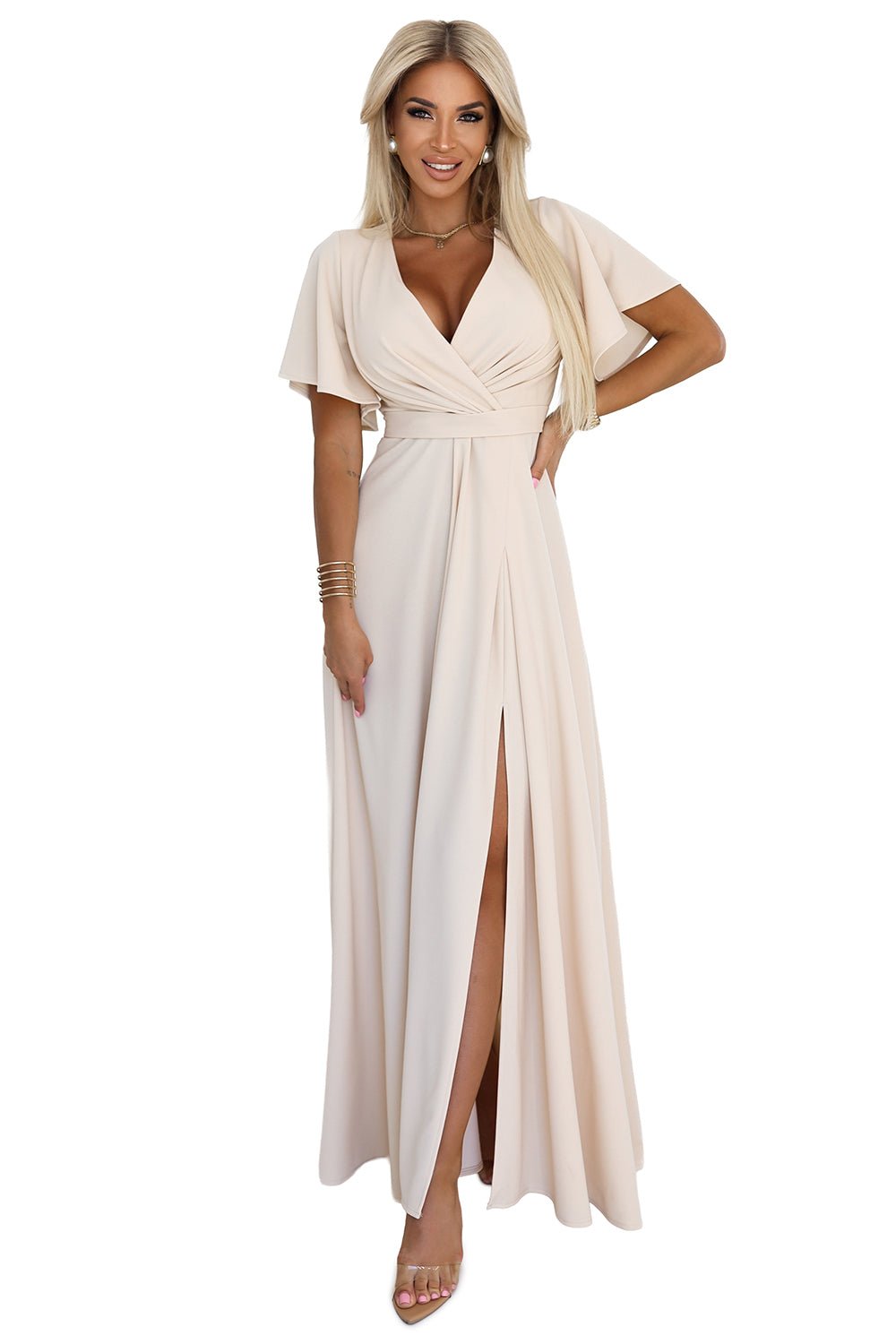 Numoco 581 - 6 JENNIFER long dress with a leg slit, sleeves and a neckline - beige - Planet Store 123