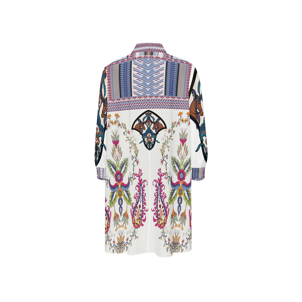 Santorini Motif Women's Asymmetric Long - Sleeve Hem Shirt - Planet Store 123