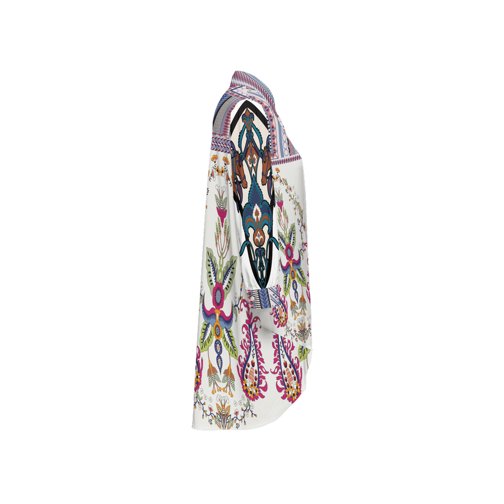 Santorini Motif Women's Asymmetric Long - Sleeve Hem Shirt - Planet Store 123