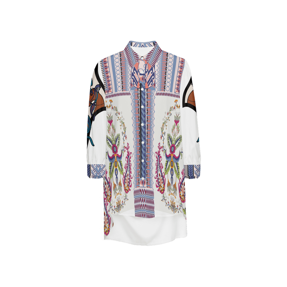 Santorini Motif Women's Asymmetric Long - Sleeve Hem Shirt - Planet Store 123