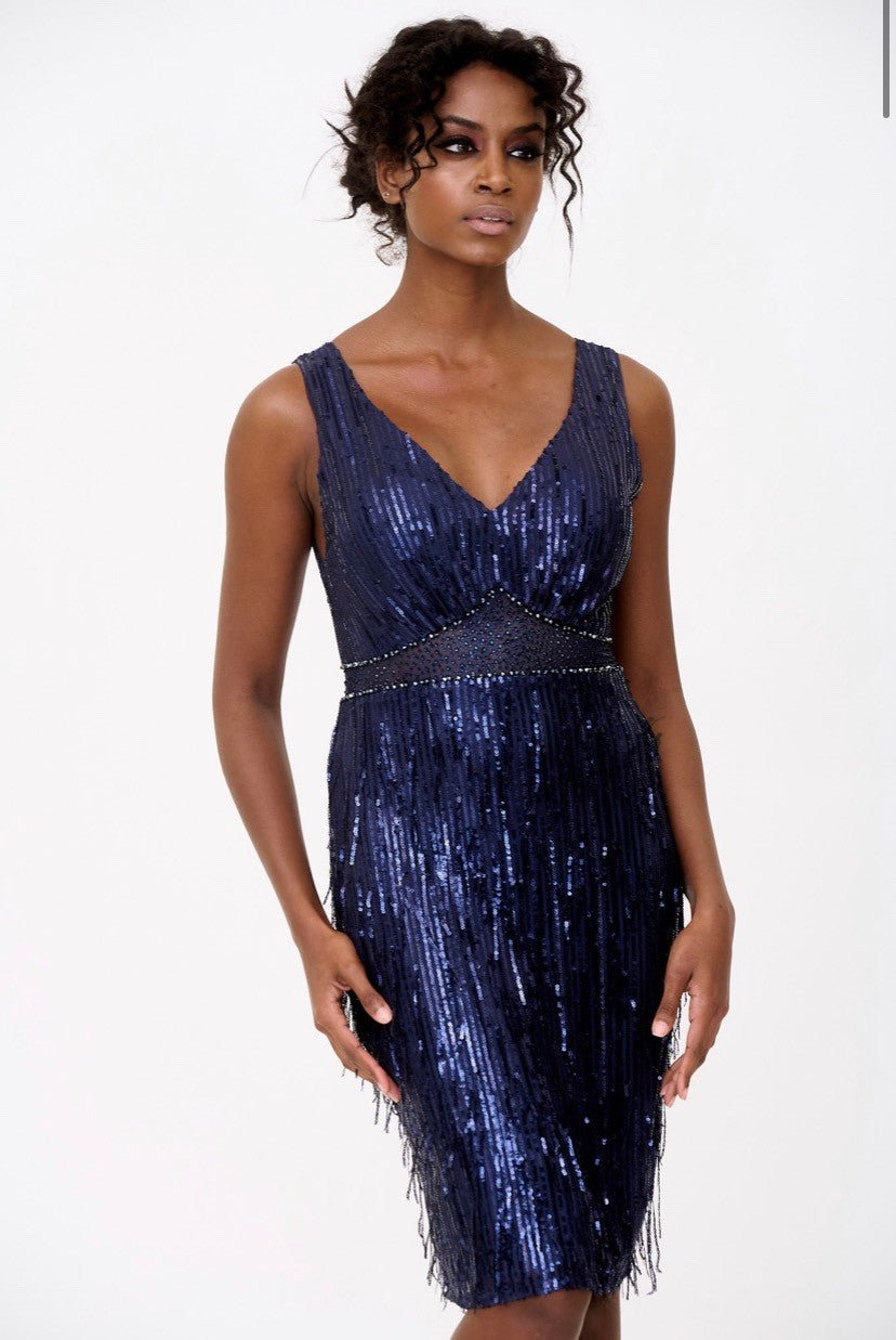 Shiny Navy Blue Dress with Sequin Tassels - Planet Store 123
