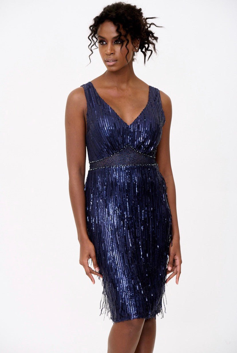 Shiny Navy Blue Dress with Sequin Tassels - Planet Store 123