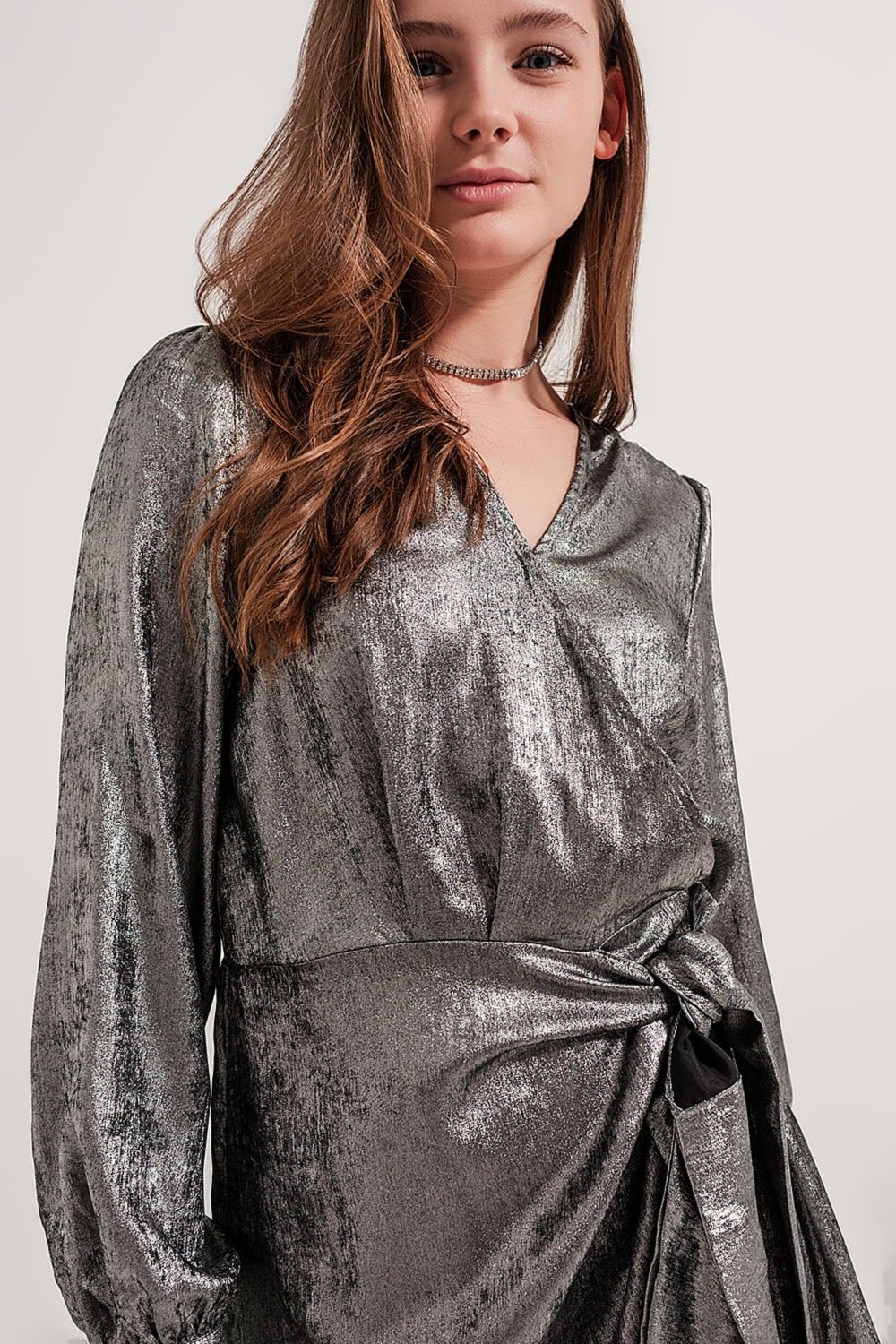 Tied Knot Front Mini Dress in Silver - Planet Store 123