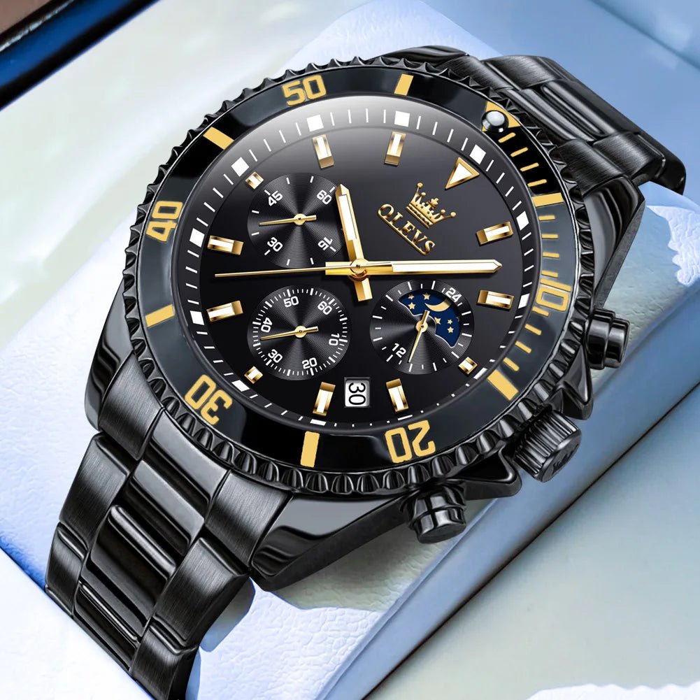 Waterproof Moon Phase Quartz Wristwatch - All Black - Planet Store 123