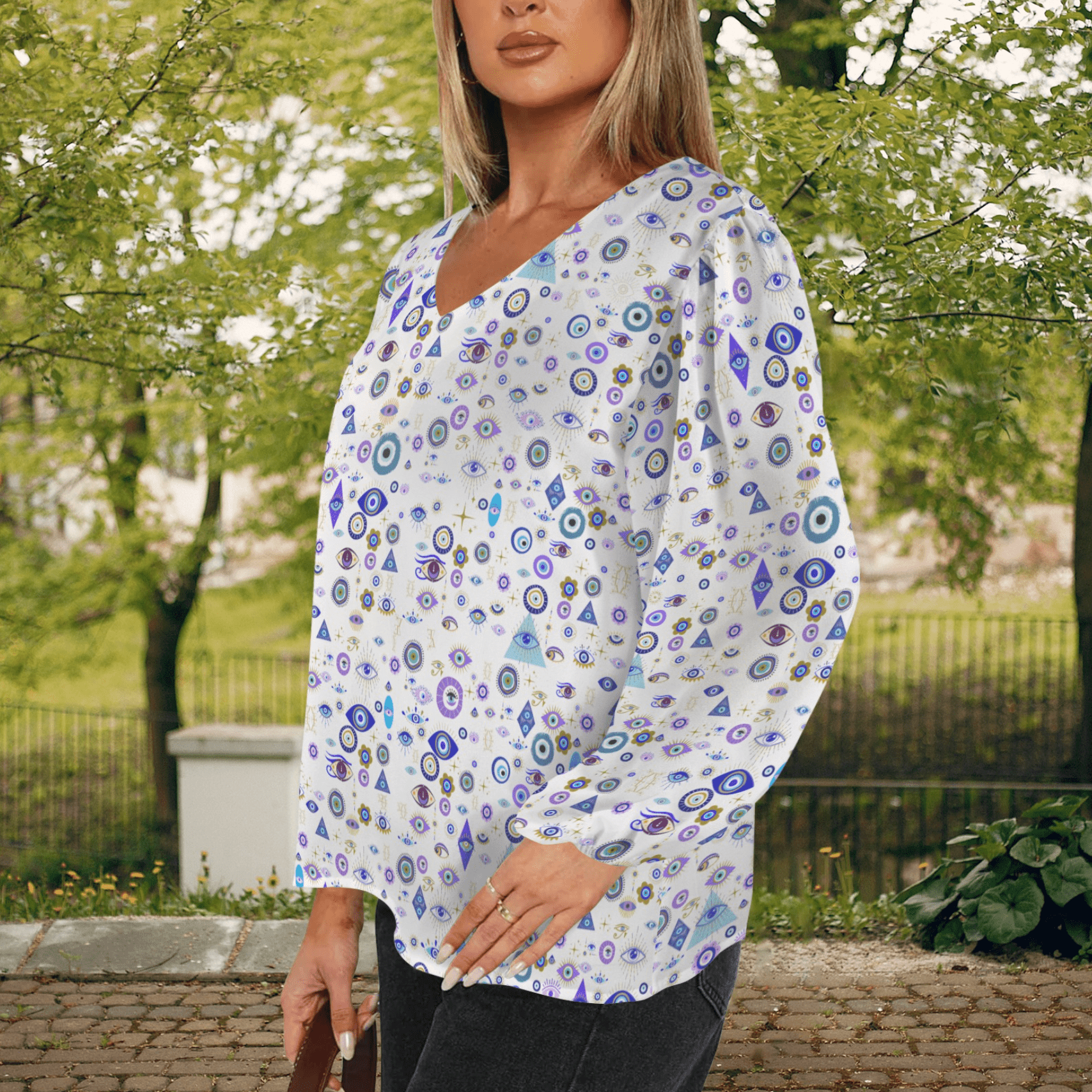 Women's Evil Eye Loose V - Neck Long Puff Sleeve Top - Planet Store 123