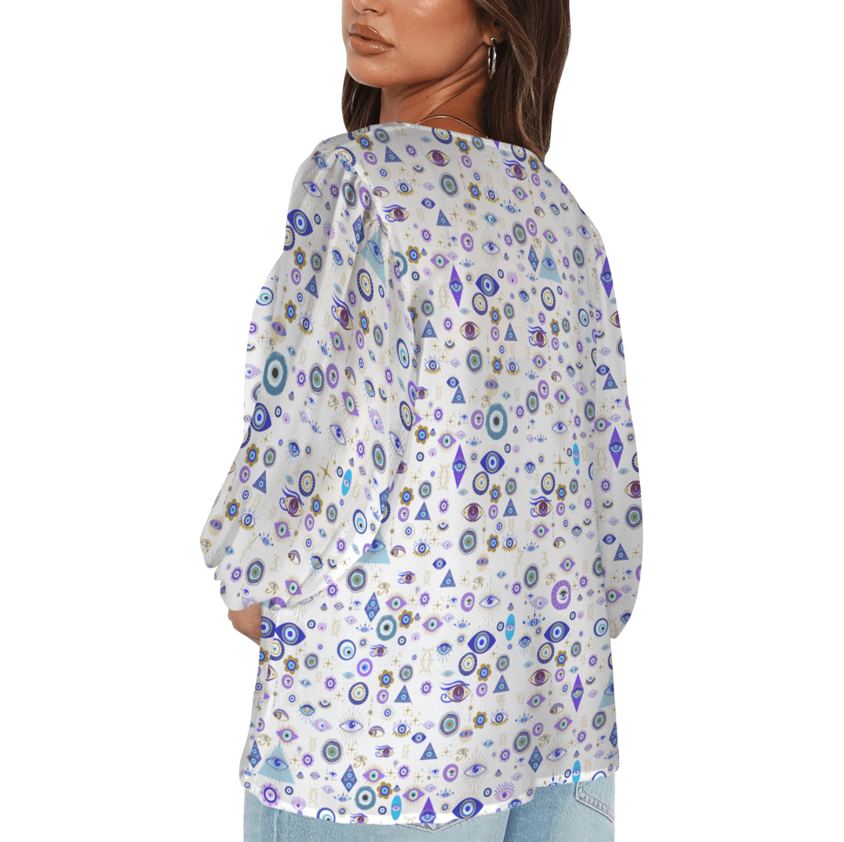 Women's Evil Eye Loose V - Neck Long Puff Sleeve Top - Planet Store 123