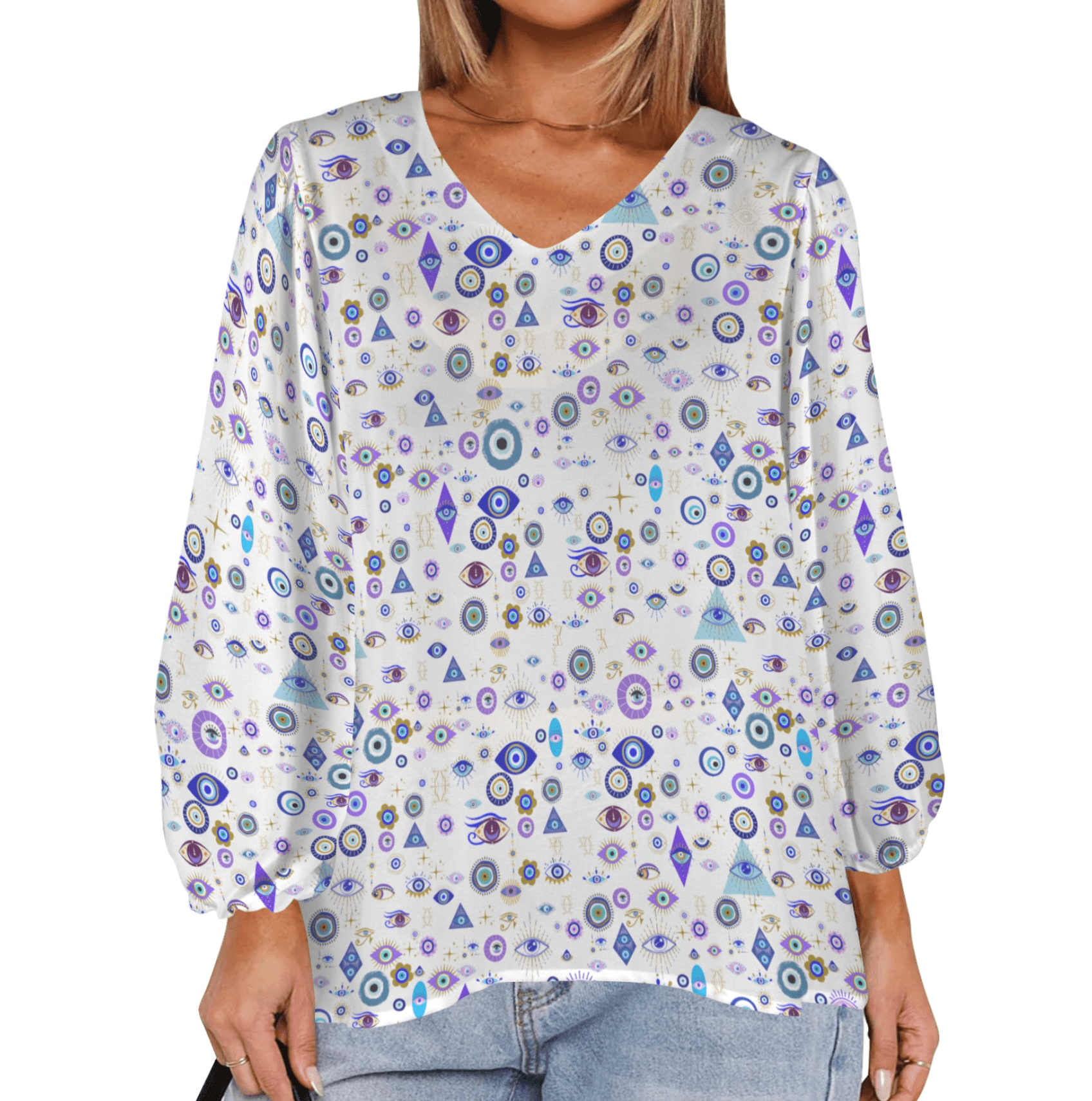 Women's Evil Eye Loose V - Neck Long Puff Sleeve Top - Planet Store 123