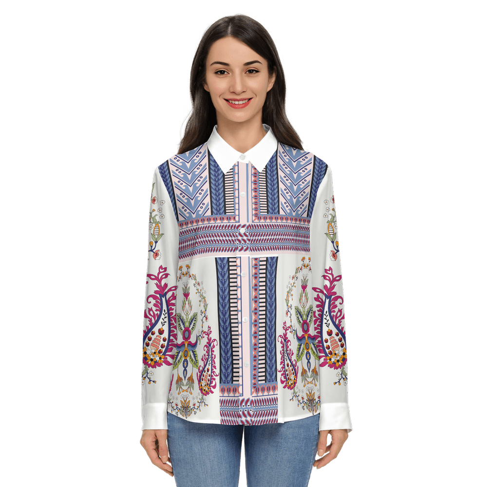 Women's Santorini Motif Classic Long Sleeve Button - Up Shirt - Planet Store 123