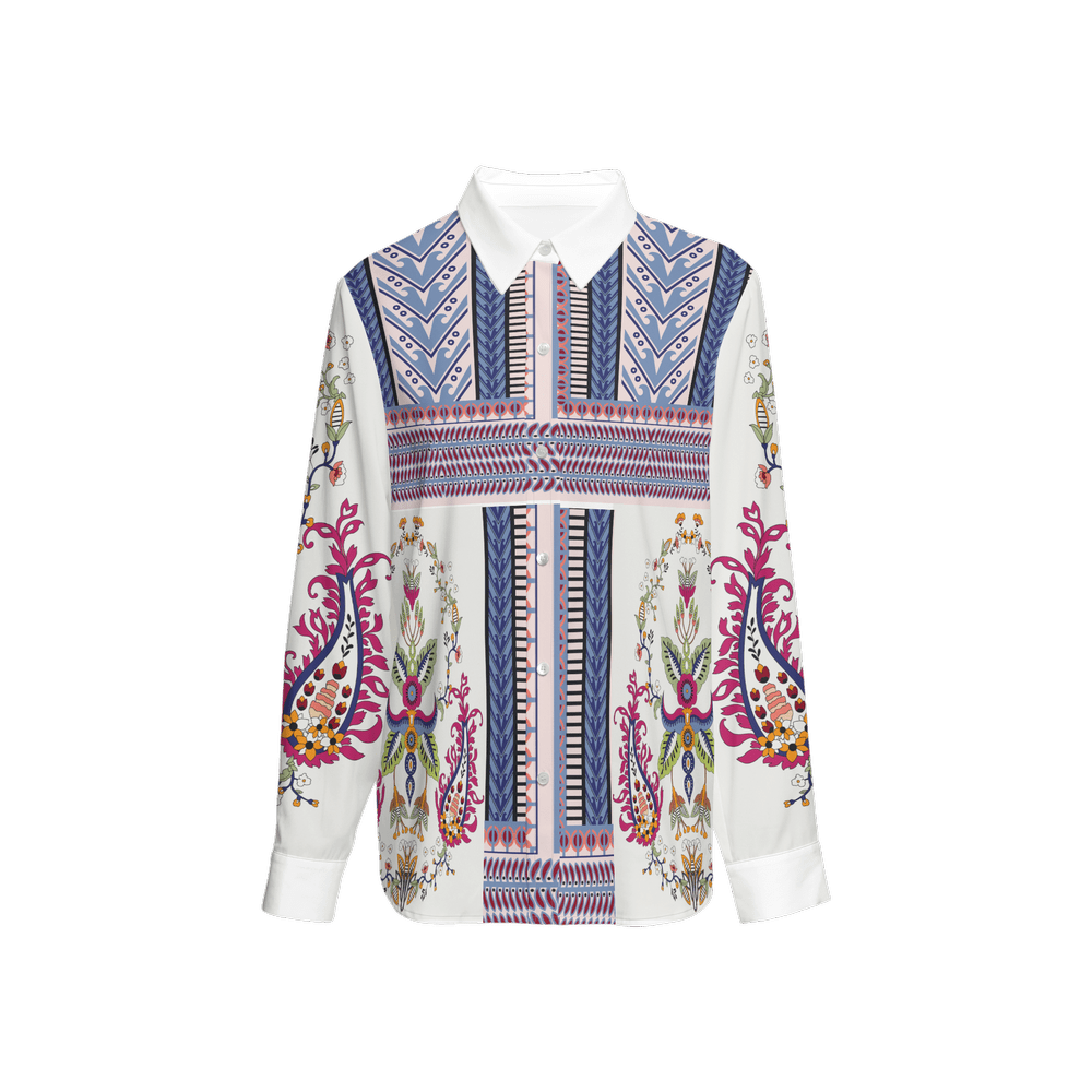Women's Santorini Motif Classic Long Sleeve Button - Up Shirt - Planet Store 123