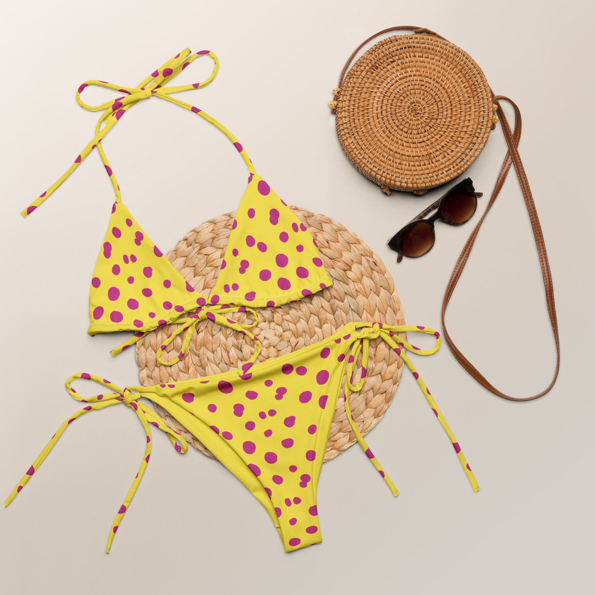 Yellow Sunny Pink polka dot recycled string bikini - Planet Store 123