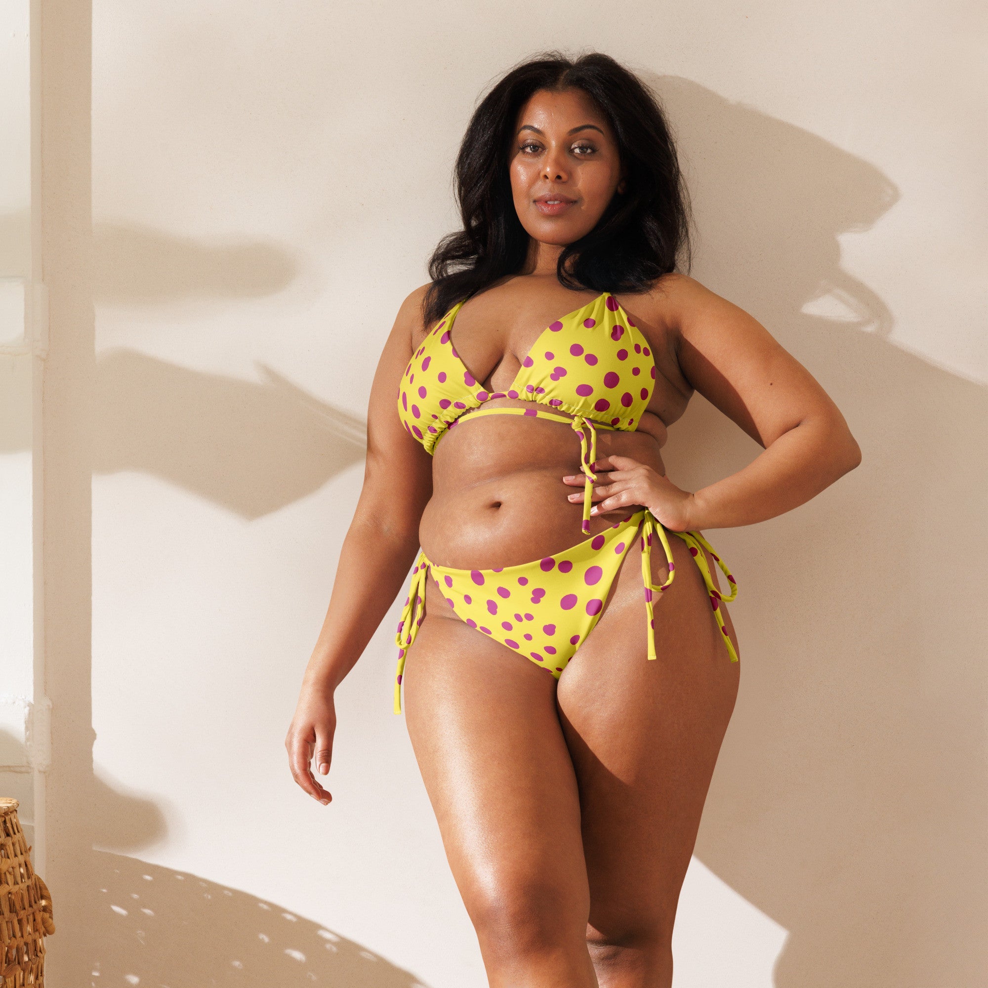 Yellow Sunny Pink polka dot recycled string bikini - Planet Store 123